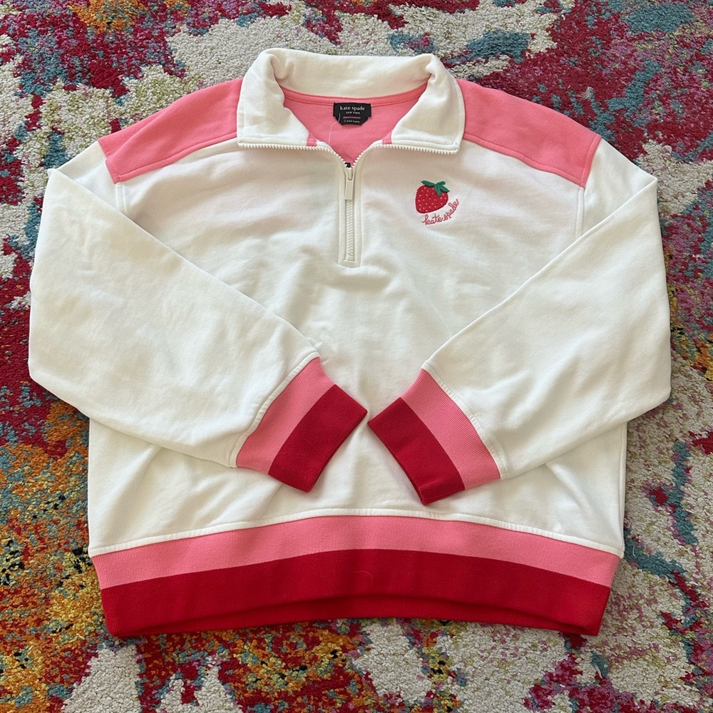 Kate Spade White & Pink Strawberry Half-Zip Sweatshirt